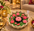 Lotus pond decorative candle in scalloped white bowl