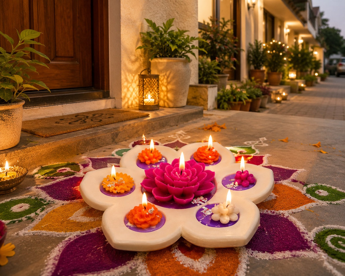 Floral soy wax candle plate lit on a rangoli for Diwali