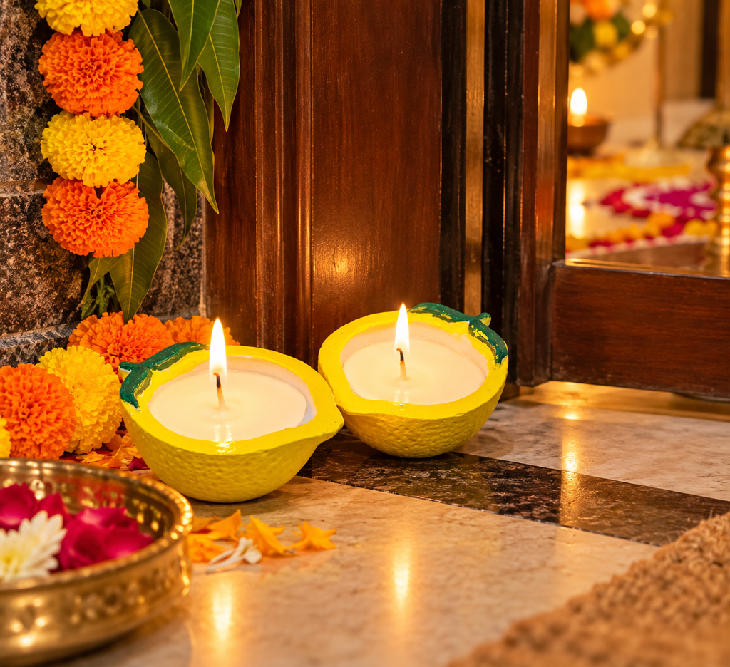 Lemon-shaped candles lit by a doorway