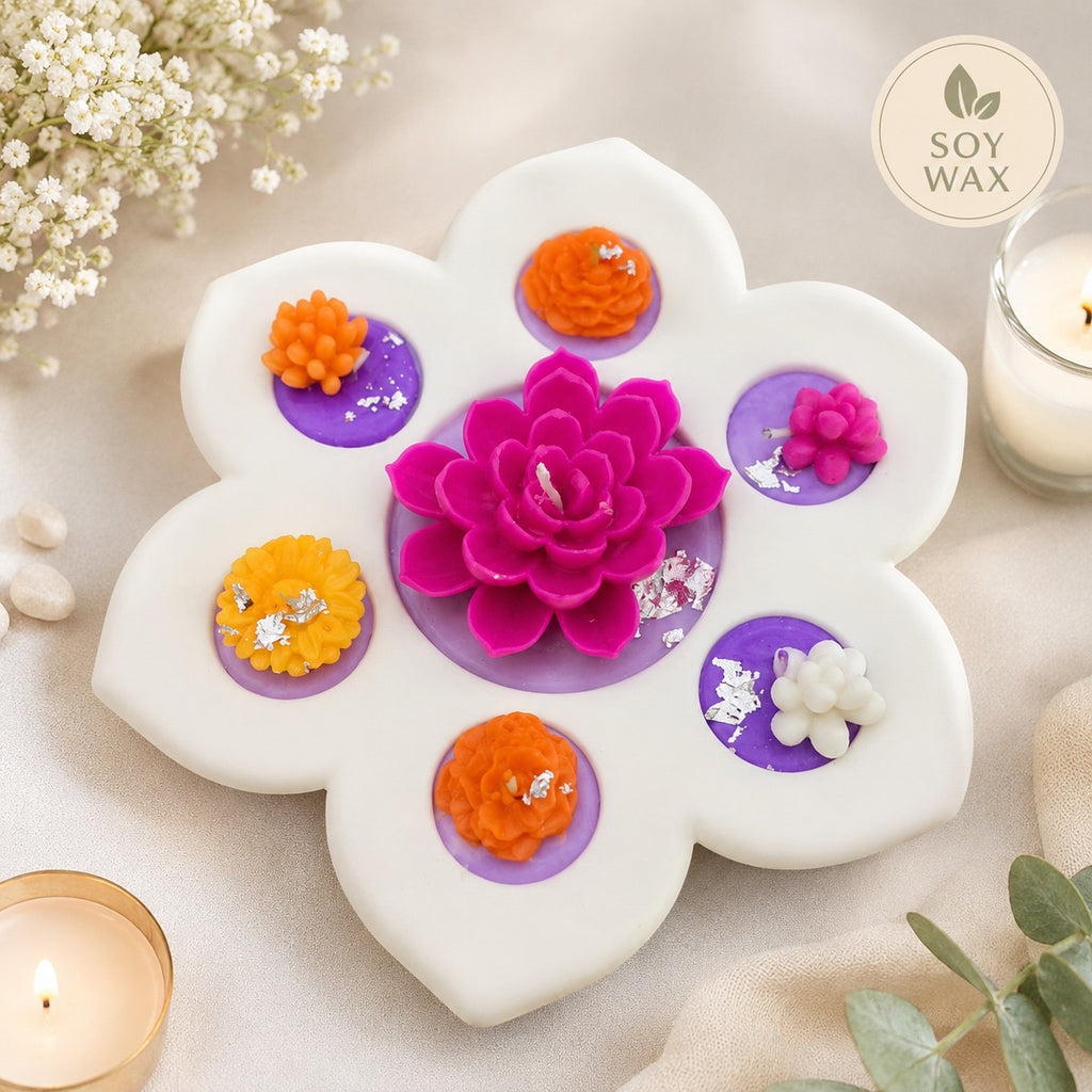 Floral soy wax scented candle plate styled with white flowers and candles