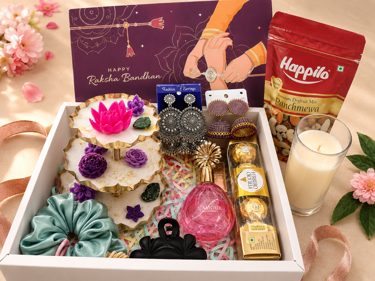Raksha Bandhan Floral Gift Hamper with lotus wax art, earrings, perfume, chocolates and dry fruits
