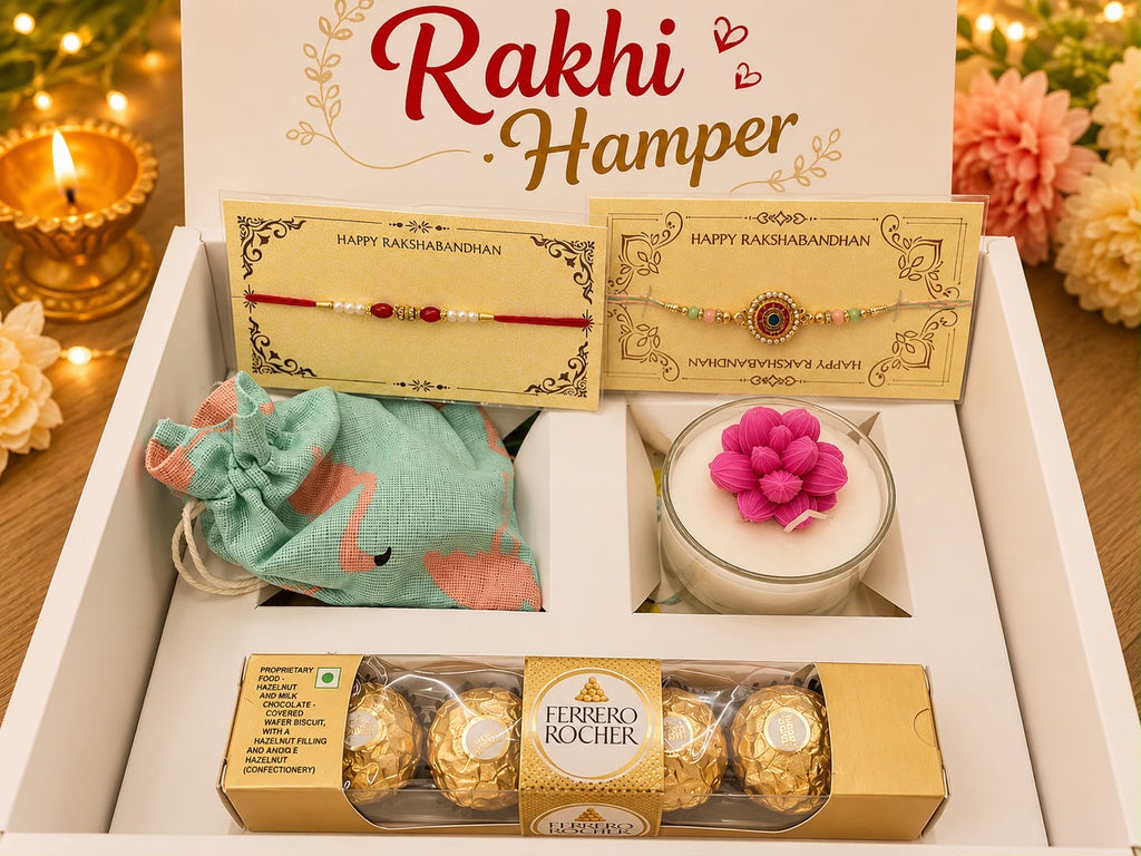 Rakhi Hamper with 2 Rakhis, flower candle, traditional potli and Ferrero Rocher in a premium white gift box