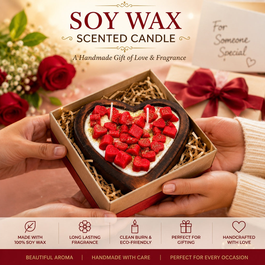 Heart shaped soy wax scented candle in gift box with red roses