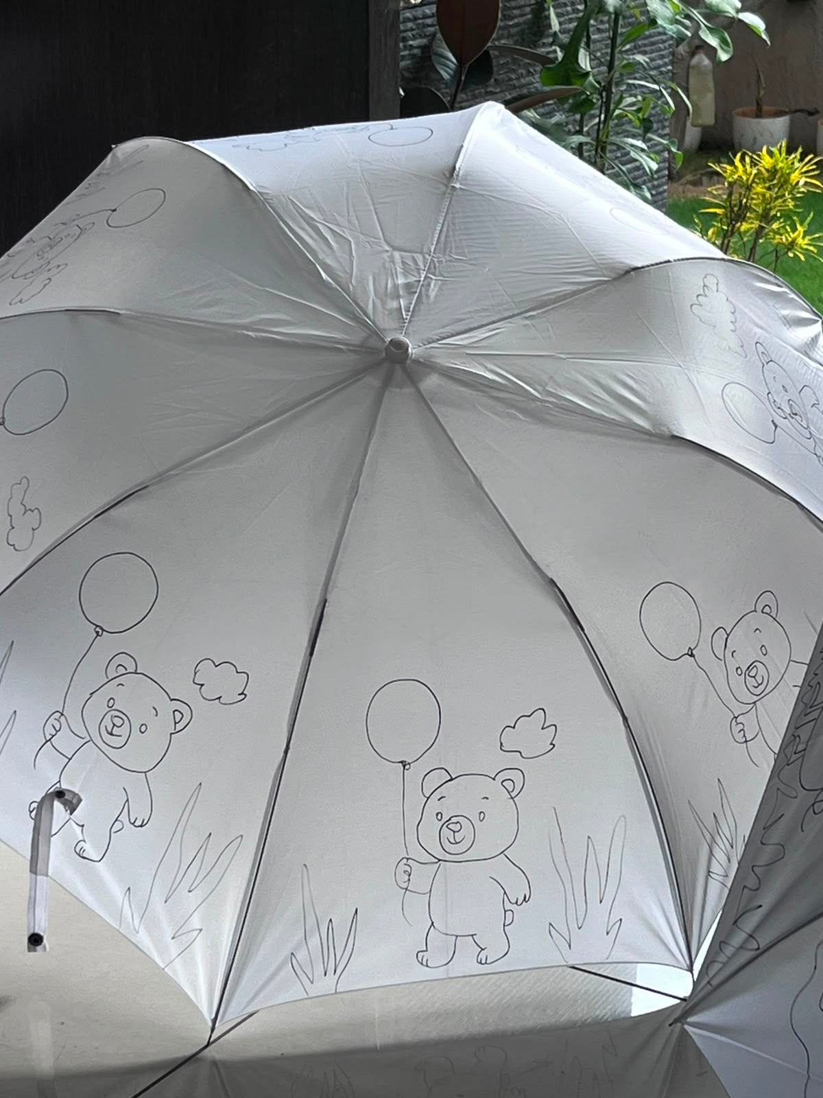 Teddy Bear DIY Umbrella Activity Kit - uncoloured with teddy bear and balloon outlines