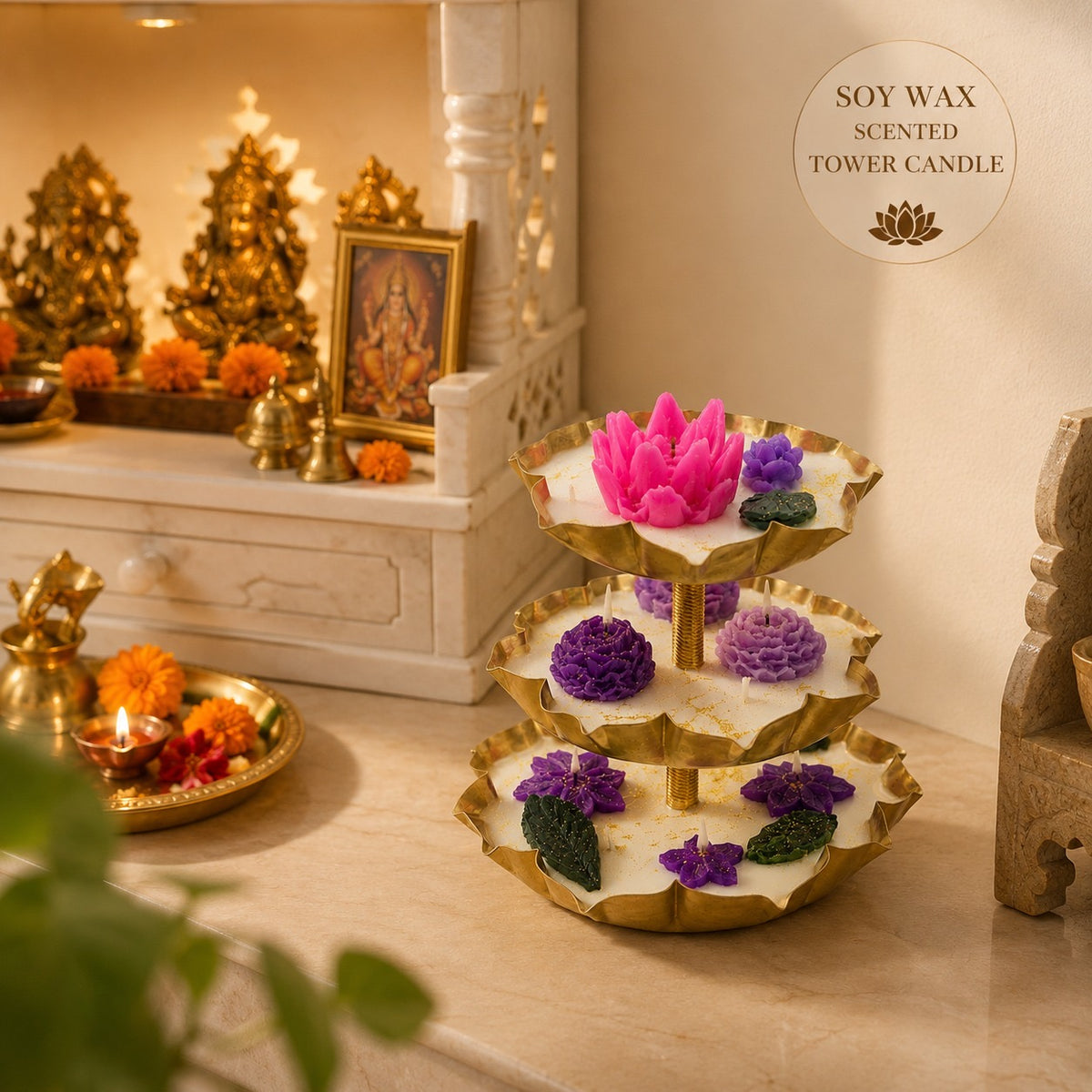 Scented Candle Tower displayed near rangoli and diyas for Diwali