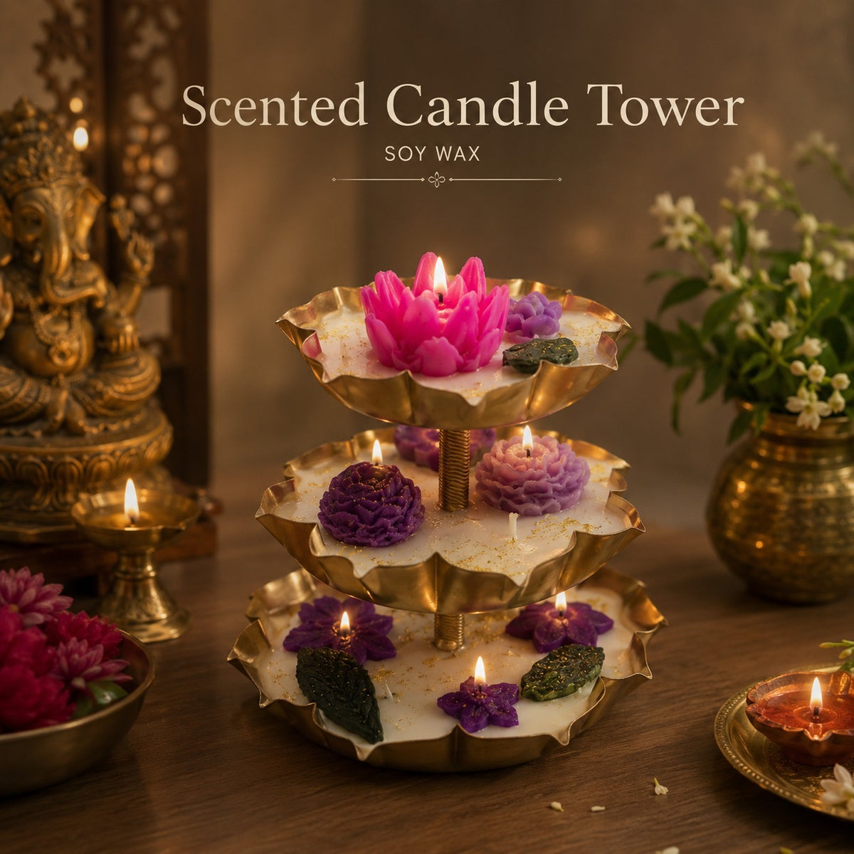 3-tier soy wax scented candle tower with pink lotus and purple floral candles