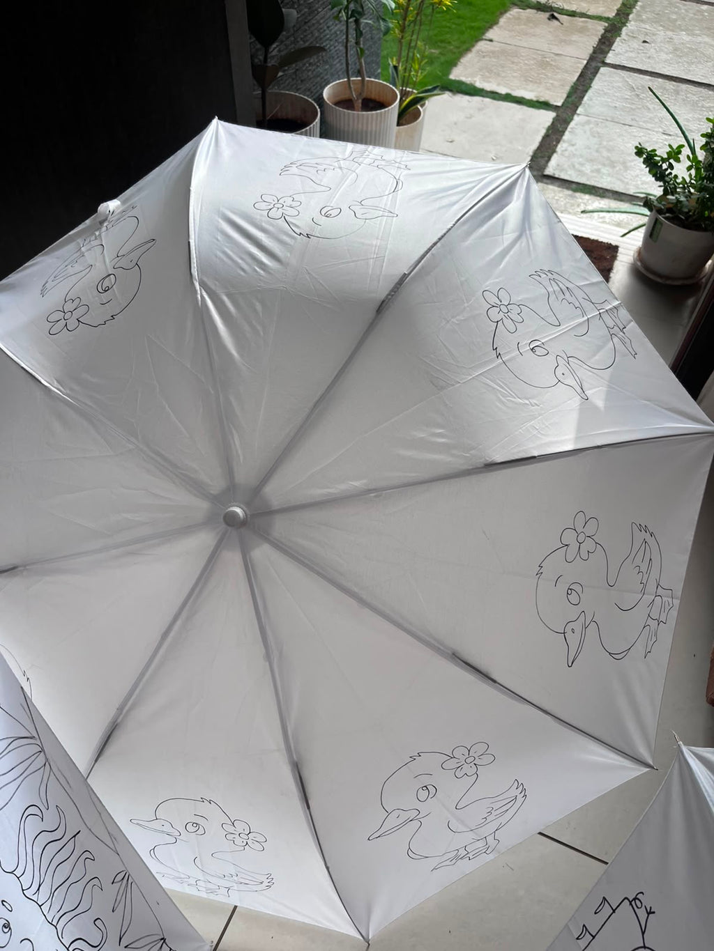Cute Duck DIY Umbrella Activity Kit - uncoloured with duck and bird with flower outlines