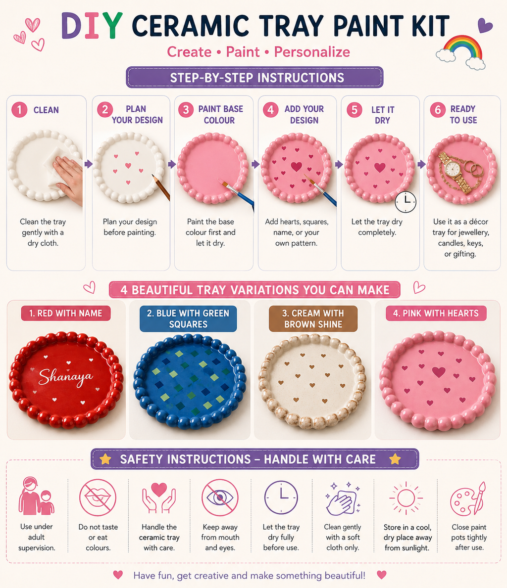 Step-by-step instructions and 4 design variations for DIY Ceramic Tray Paint Kit