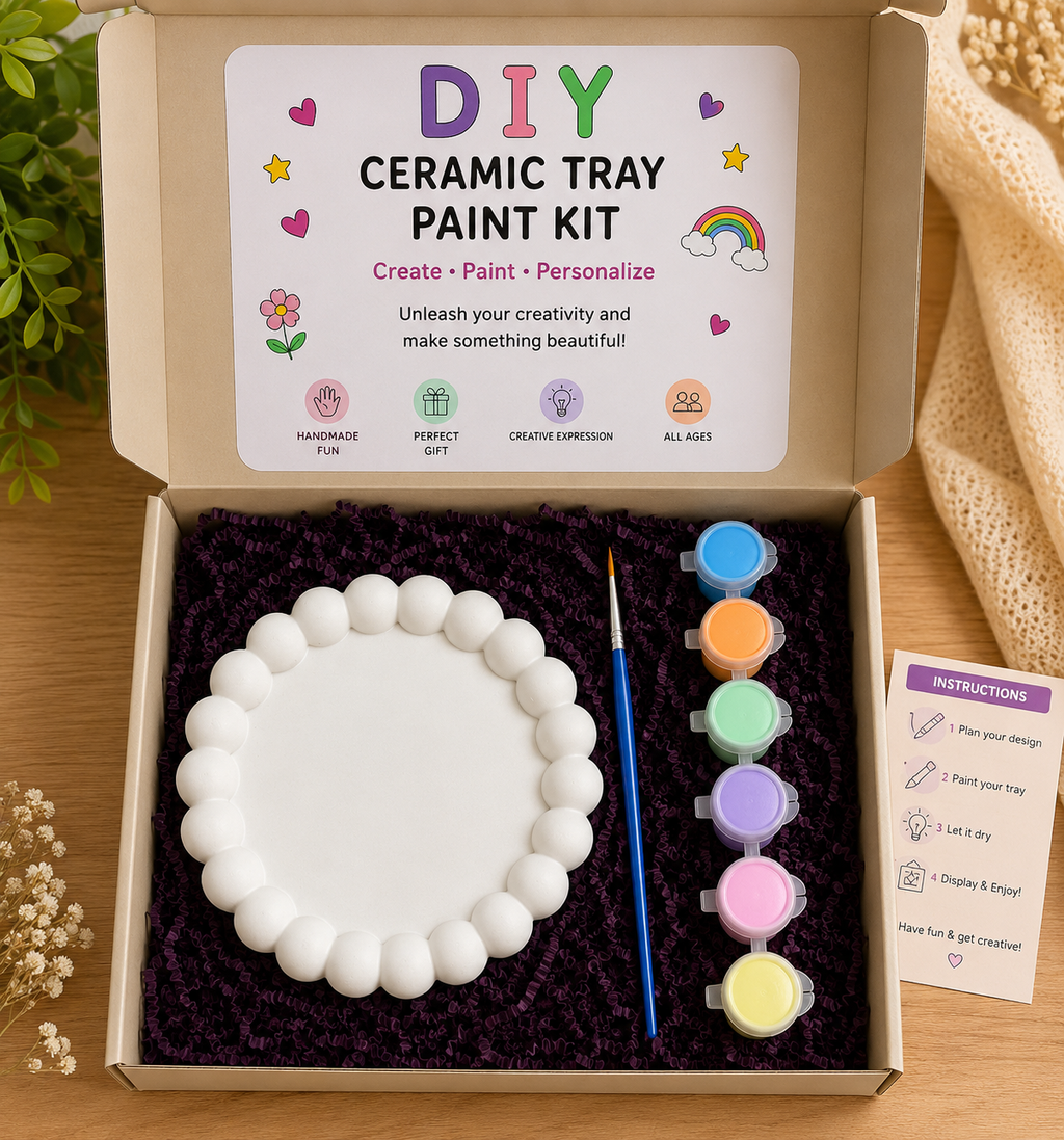 DIY Ceramic Tray Paint Kit box open showing white beaded round tray, 6 paint pots and brush