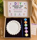 DIY Ceramic Tray Paint Kit box open showing white beaded round tray, 6 paint pots and brush
