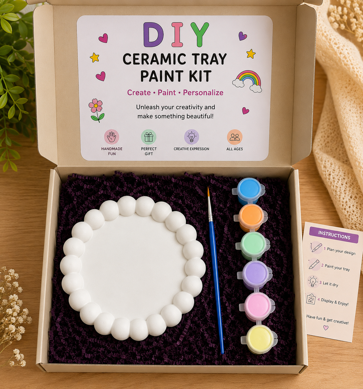 DIY Ceramic Tray Paint Kit box open showing white beaded round tray, 6 paint pots and brush