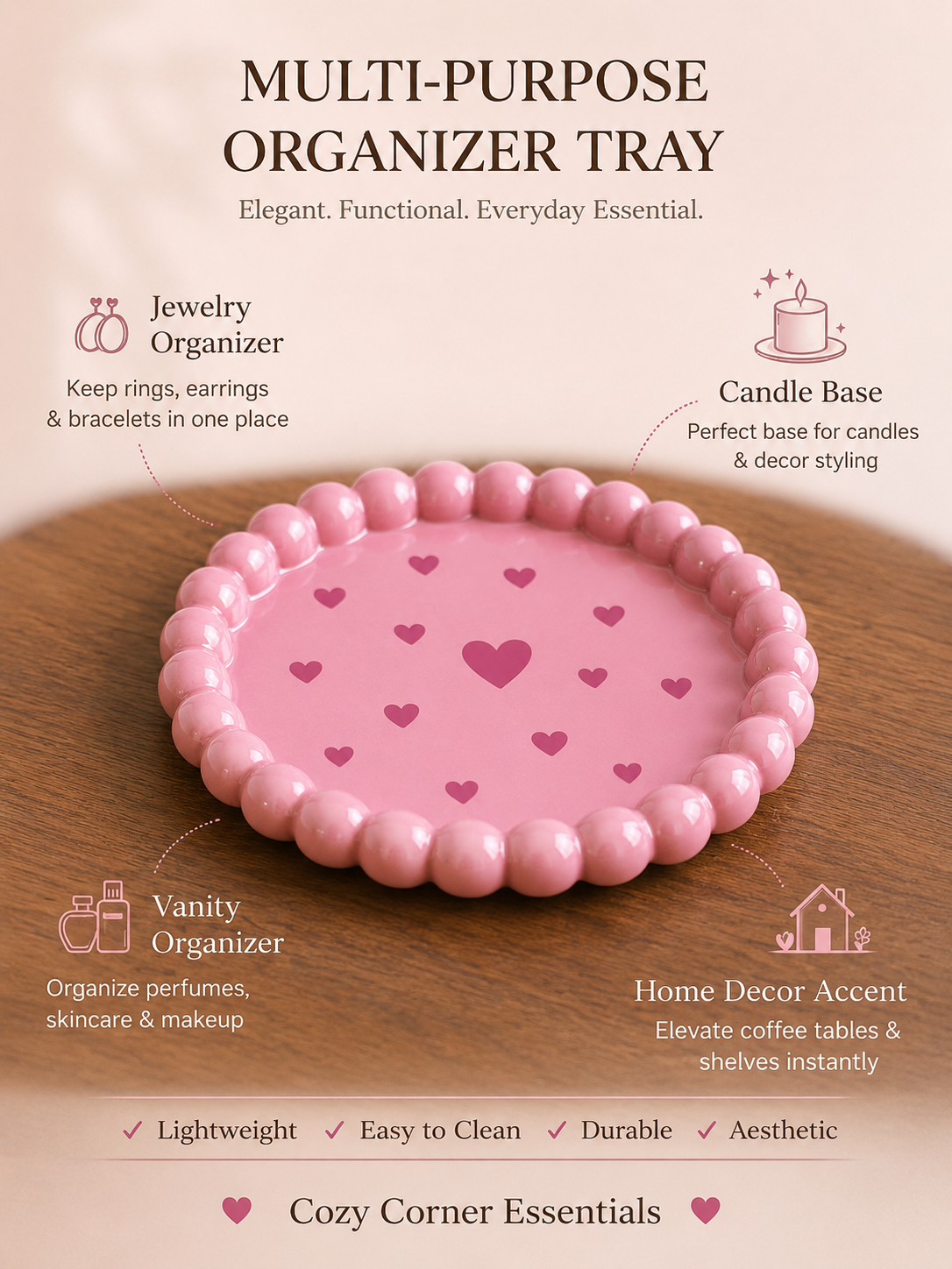 Multi-purpose pink ceramic bubble tray with hearts – jewellery organiser and home décor