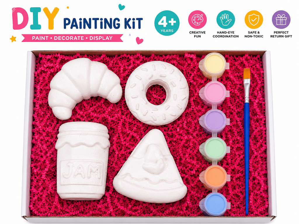 DIY Bakery Painting Kit | 4 Figurines | Croissant, Donut, JAM Jar & Pizza |FRIDGE MAGNETS