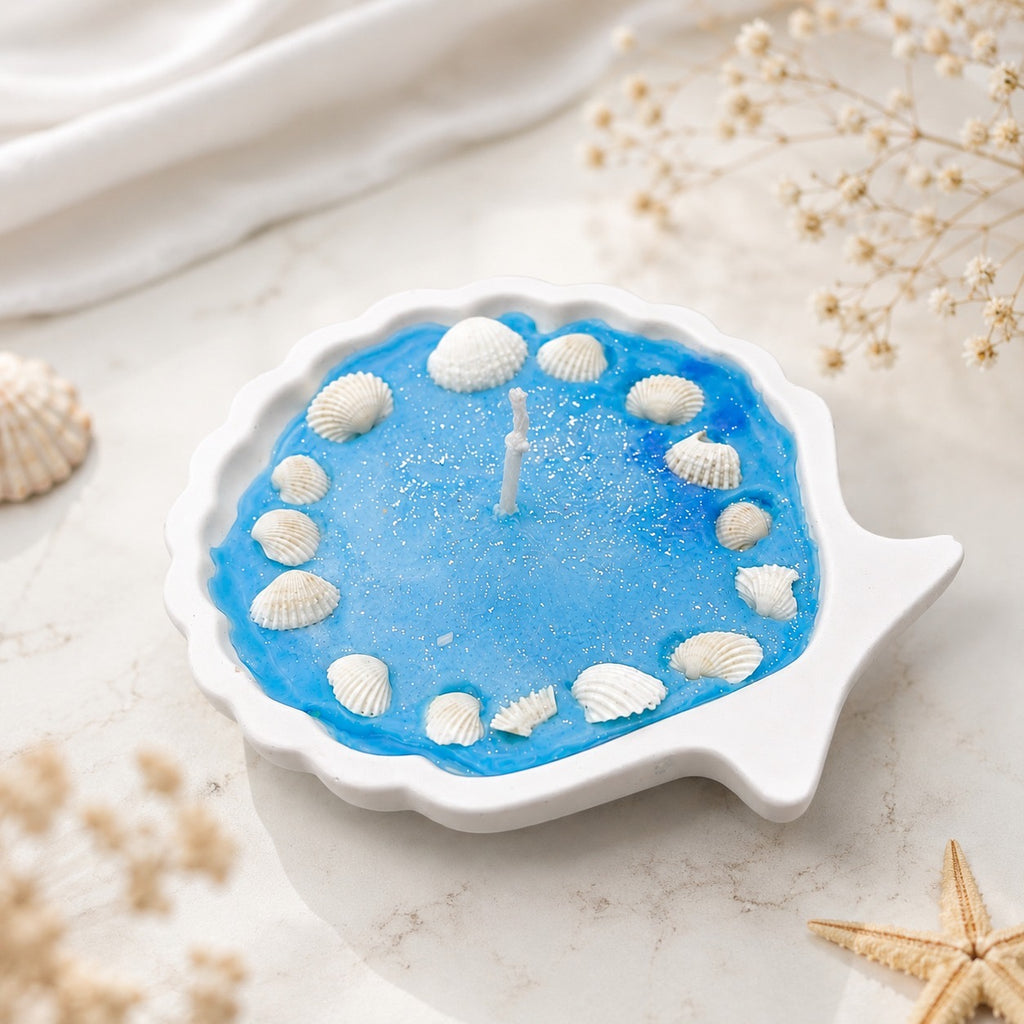 Ocean Shell Soy Wax Scented Candle on purple background