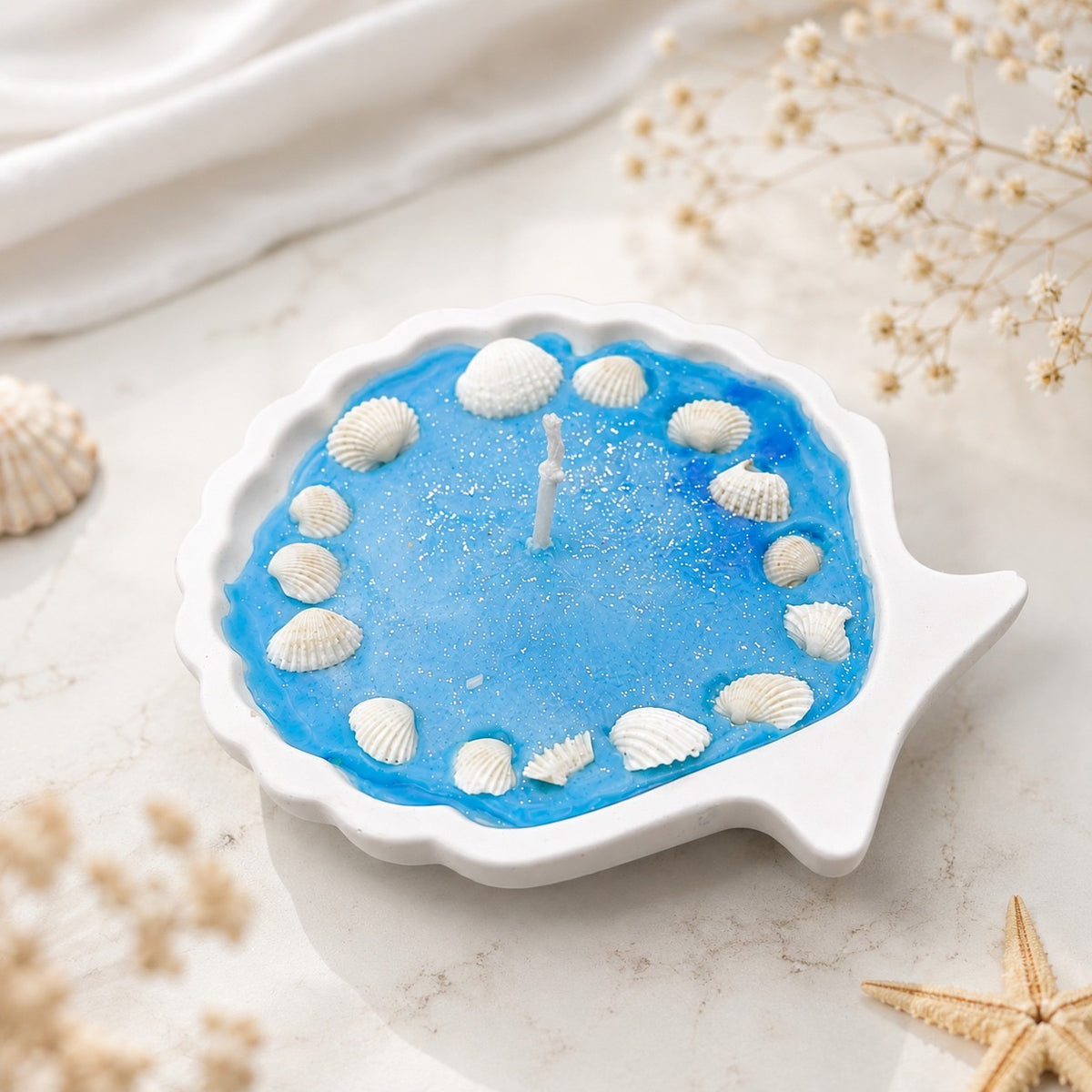 Ocean Shell Soy Wax Scented Candle on purple background
