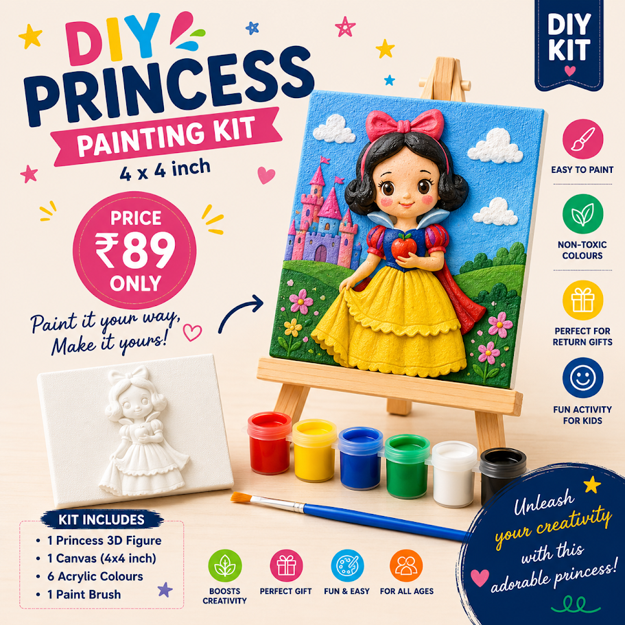 DIY Princess Painting Kit – 4x4 inch canvas with princess 3D figure, acrylic colours and brush