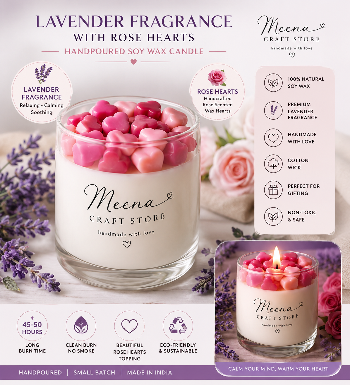 Lavender Soy Wax Candle with Rose Hearts – Handpoured Gift Candle