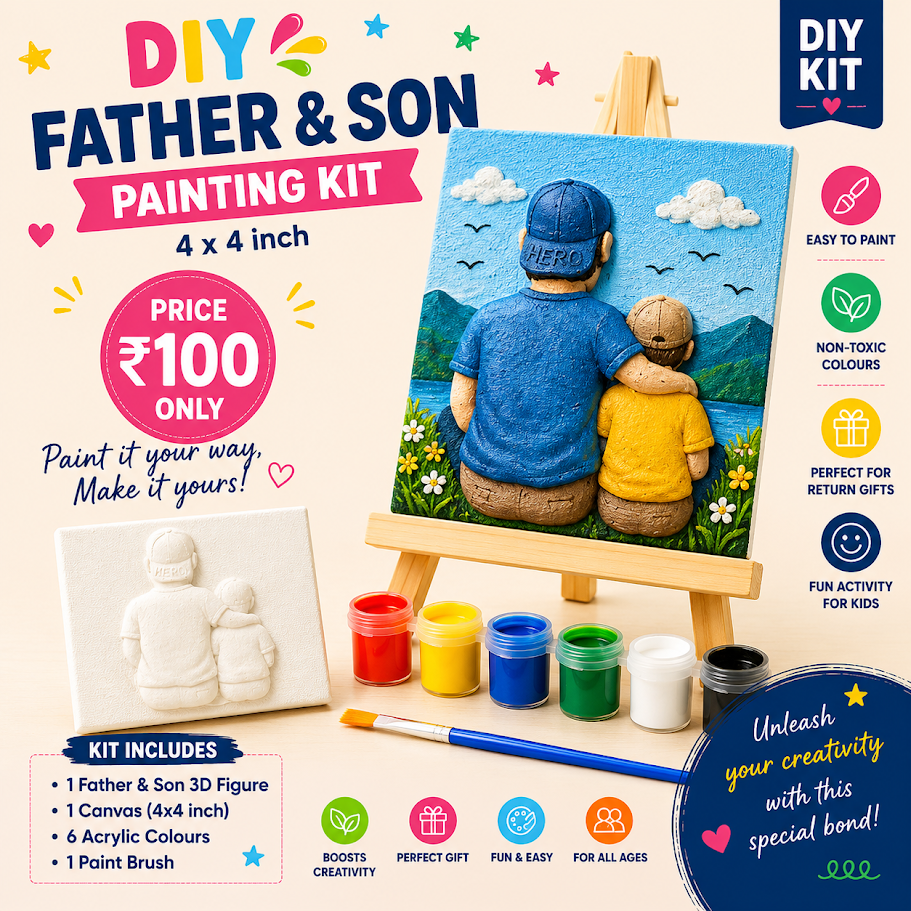 DIY Father & Son Painting Kit – 4x4 inch canvas with 3D figure, acrylic colours and brush