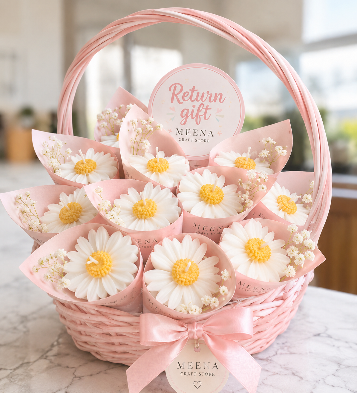 Daisy Flower Candle Return Gift Basket – Set of 10 | Meena Craft Store