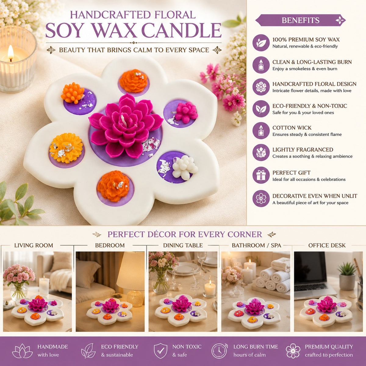 Handcrafted floral soy wax candle benefits and placement guide