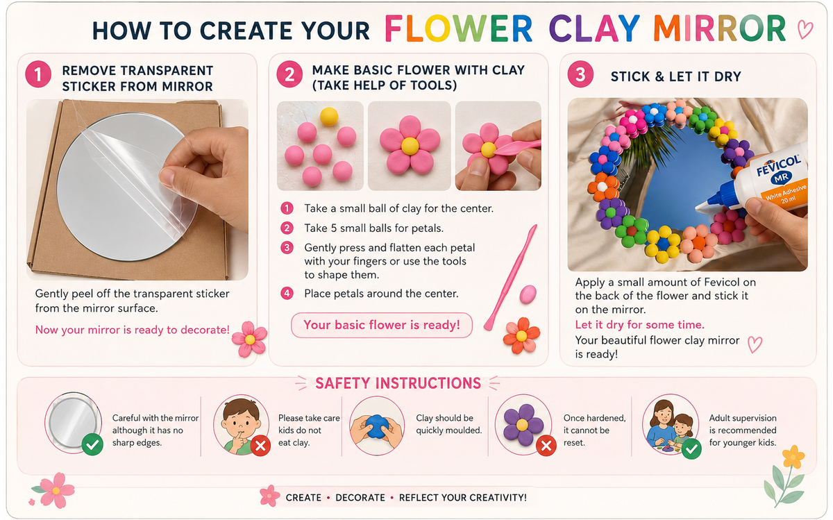 DIY Flower Clay Mirror Kit with Tools, Air Dry Clay, 12 Colors, 6 inch Mirror, Safe and Non-Toxic, Age 4+, Return Gift, DIY Gift