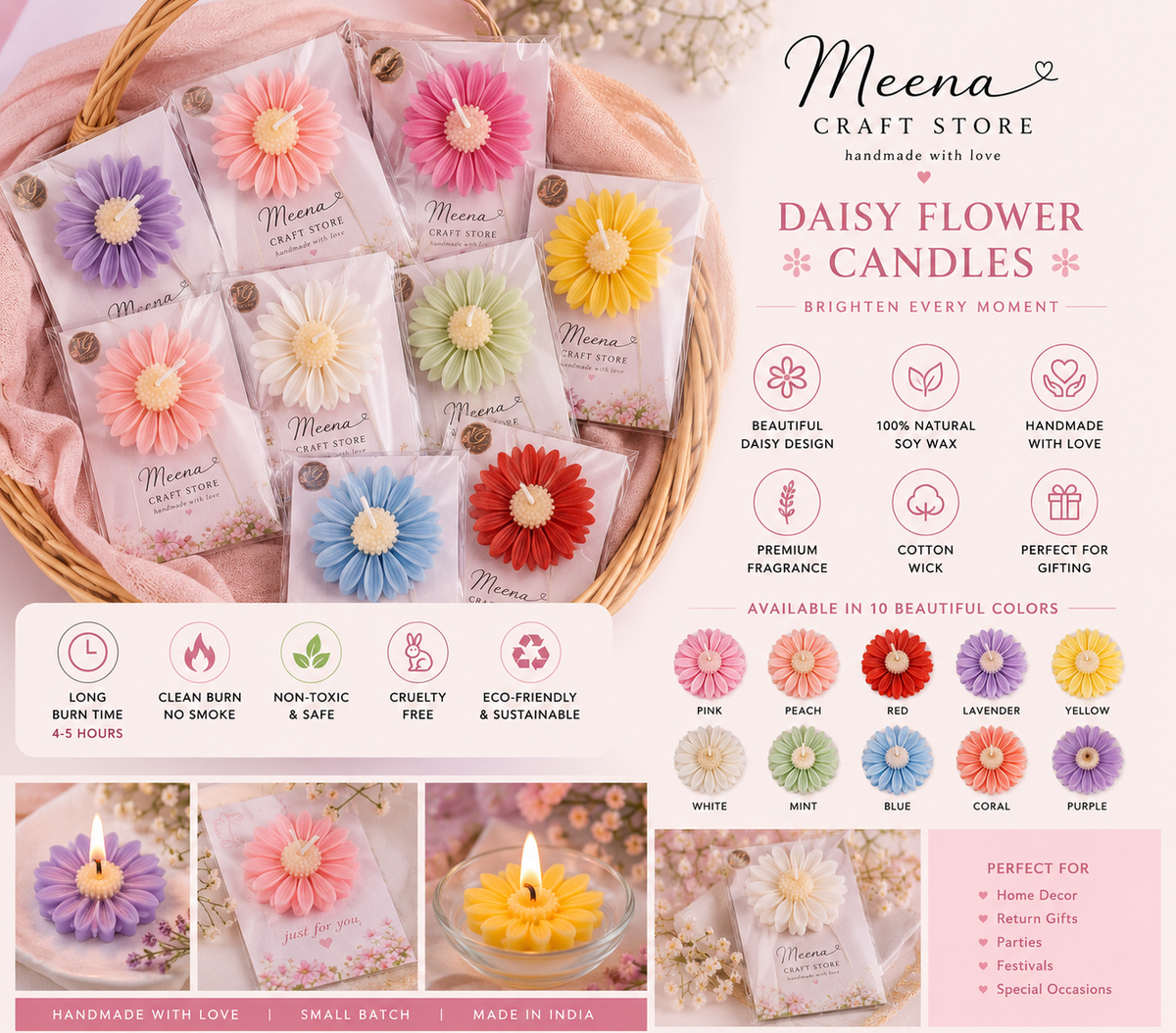 Daisy Flower Soy Wax Candle – Handmade Return Gift Candle | 10 Colours