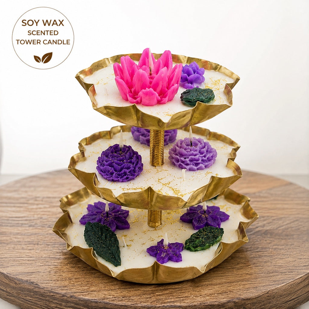 Scented Candle Tower with floral soy wax candles in a prayer room setting