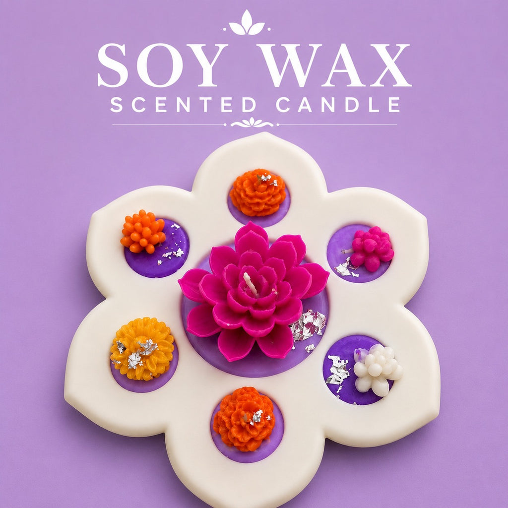 Floral soy wax scented candle plate on purple background