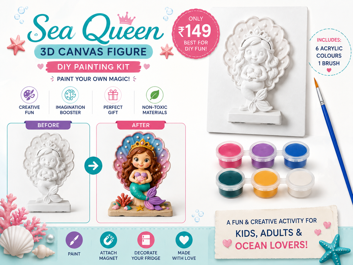 Sea Queen 3D Canvas Figure DIY Painting Kit – before and after painting with acrylic colours and brush