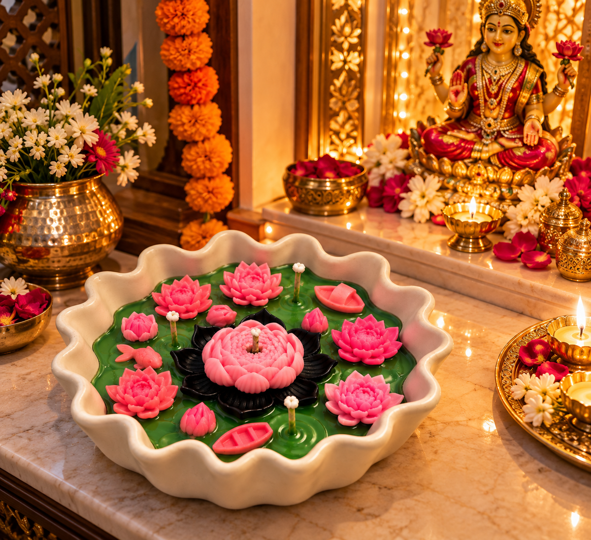 Lotus pond candle on a festive table