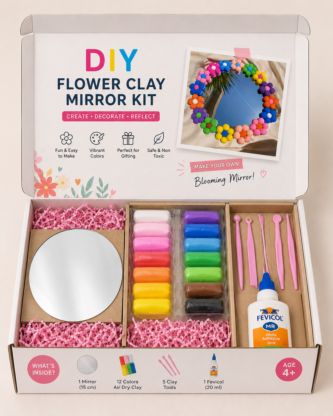 DIY Flower Clay Mirror Kit with Tools, Air Dry Clay, 12 Colors, 6 inch Mirror, Safe and Non-Toxic, Age 4+, Return Gift, DIY Gift