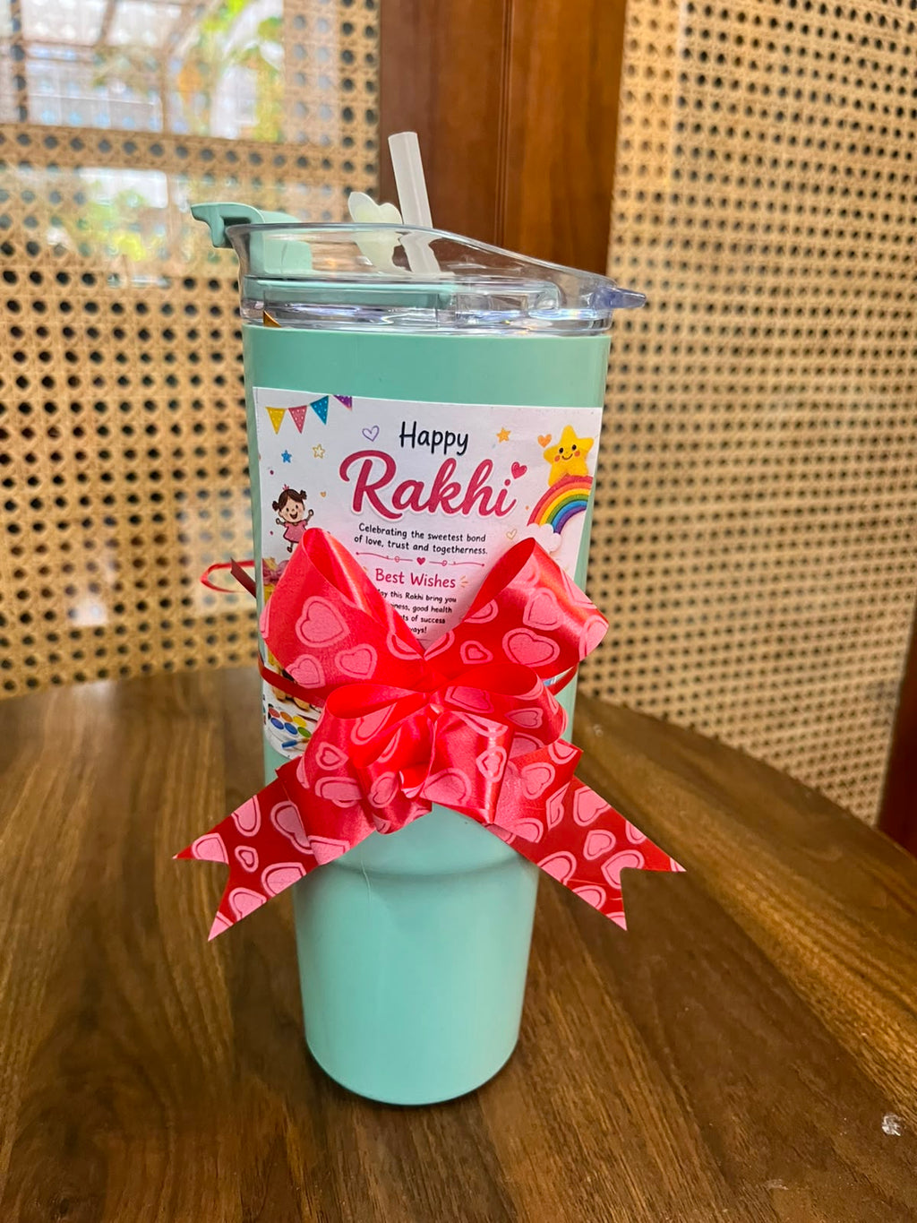 Mint Green Tumbler with Happy Rakhi Wrap & Red Bow