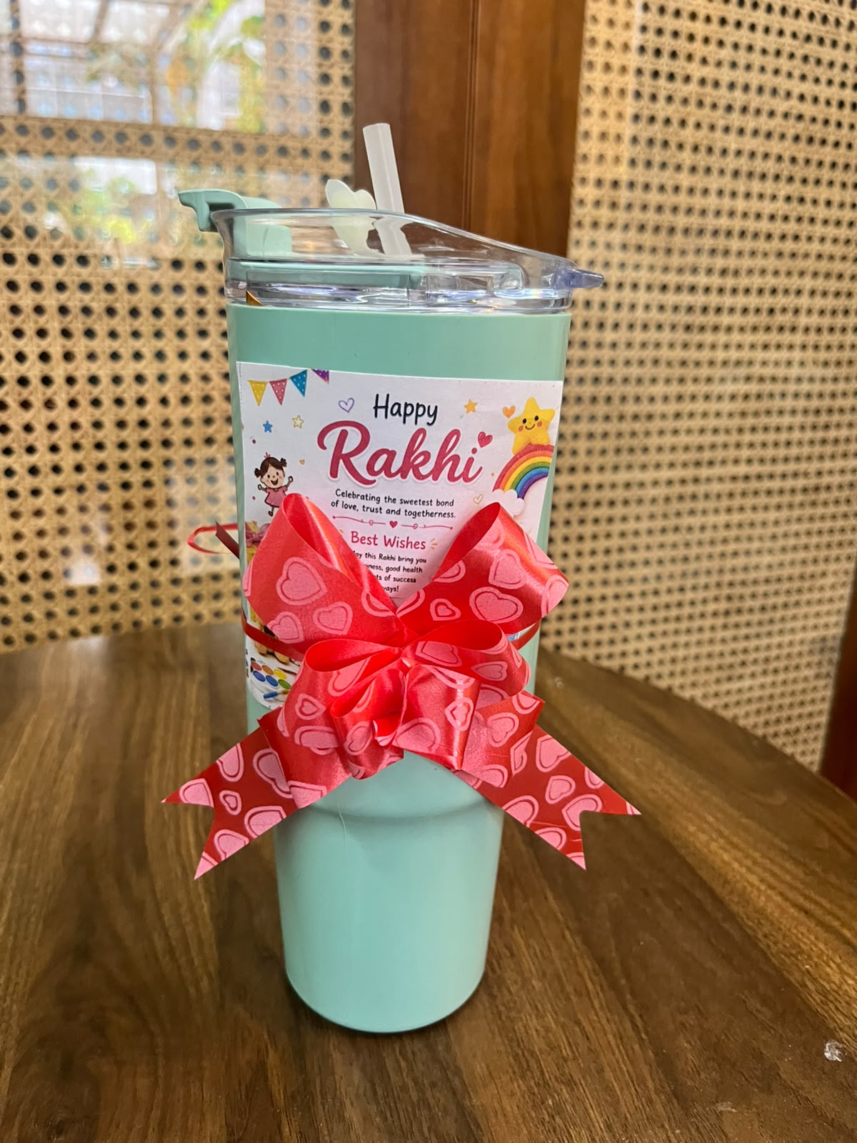 Mint Green Tumbler with Happy Rakhi Wrap & Red Bow