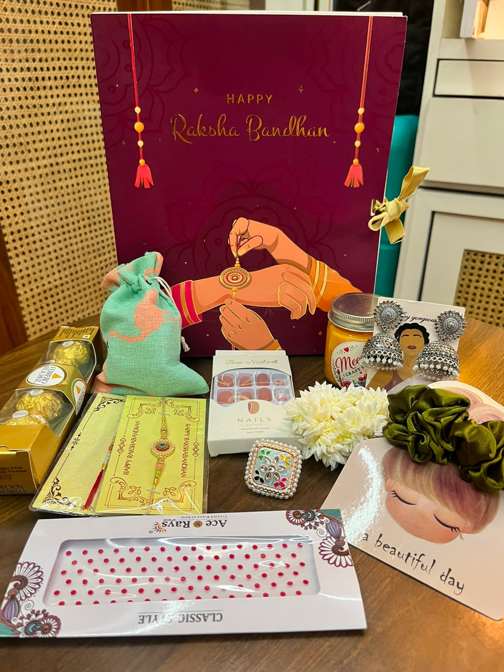Rakhi Hamper for Bhai Bhabhi - All 13 Items Flatlay