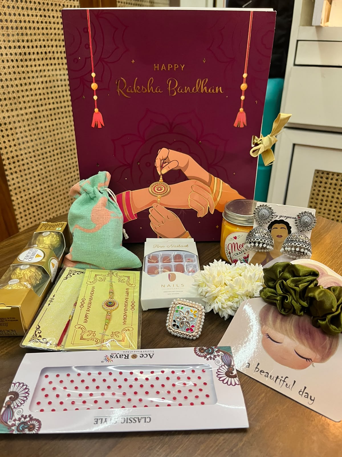 Rakhi Hamper for Bhai Bhabhi - All 13 Items Flatlay