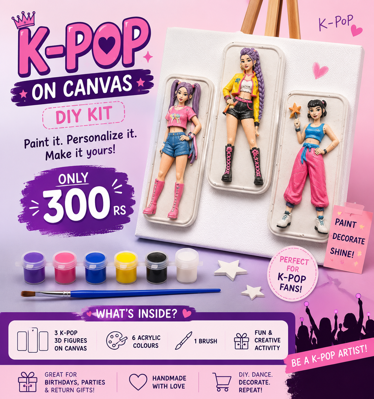 K-Pop on Canvas DIY Kit – 3 K-Pop 3D figures on canvas with 6 acrylic colours and brush