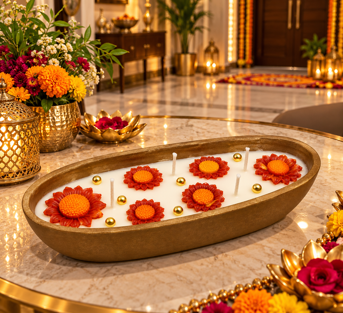 Orange floral candle styled on a festive table