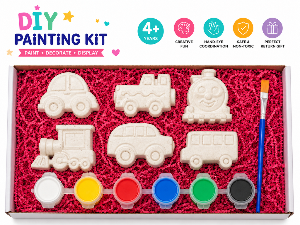 DIY Vehicles Painting Kit | 6 Figurines | Car, Train, Bus & More | Fridge Magnet Kit