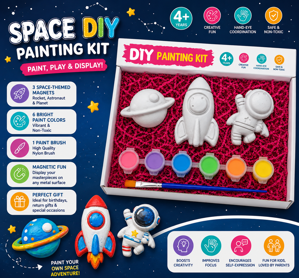 Space DIY Painting Kit – Rocket, Astronaut & Planet Fridge Magnets