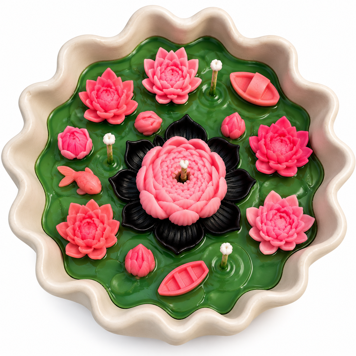 Lotus pond candle beside Lakshmi puja decor