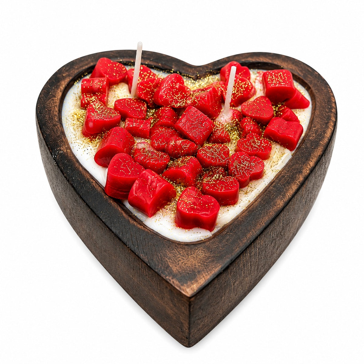 Heart shaped wooden bowl soy wax candle with red heart embellishments and gold glitter
