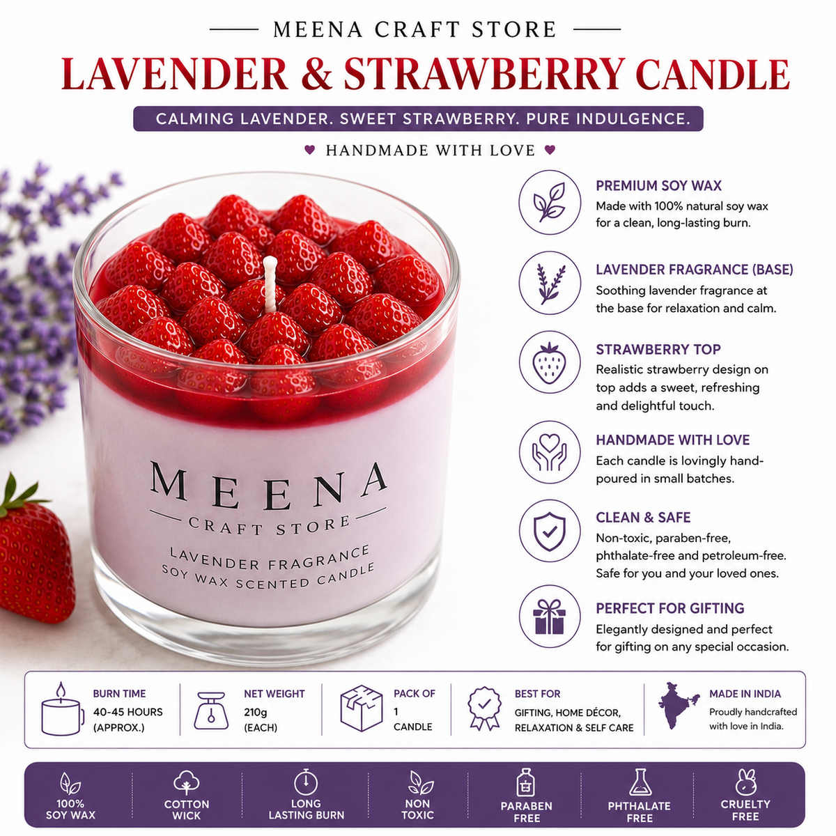 Lavender & Strawberry Soy Wax Candle – Handpoured Gift Candle