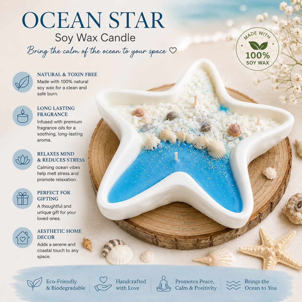Ocean Star Soy Wax Candle product infographic showing features and benefits