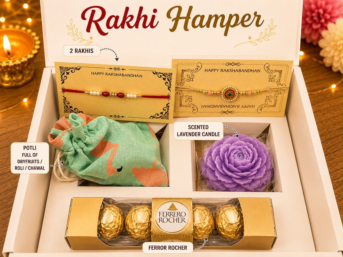 Rakhi Hamper contents - 2 Rakhis, scented lavender candle, dry fruit potli and Ferrero Rocher