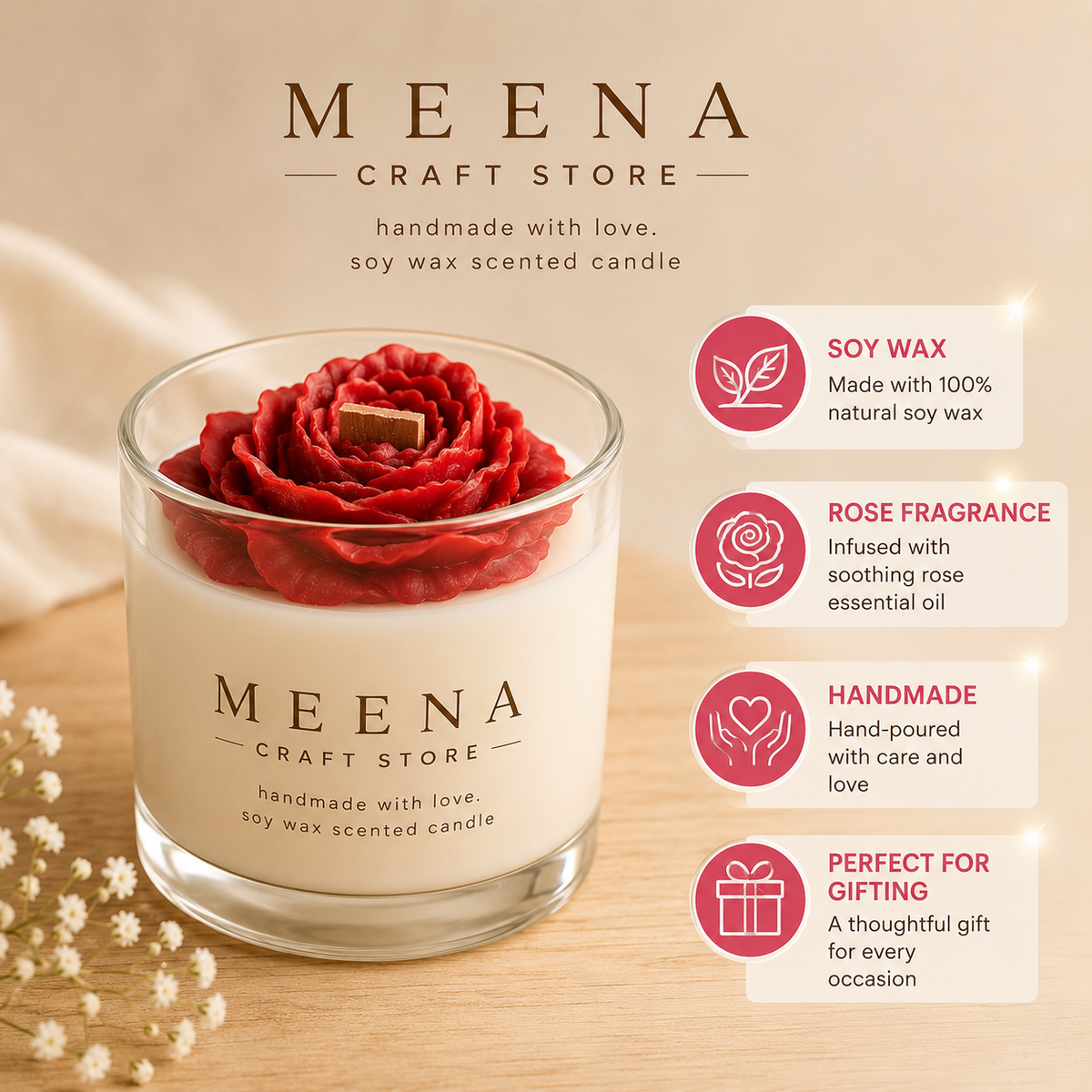 Rose Soy Wax Scented Candle – Handmade with Love | Meena Craft Store