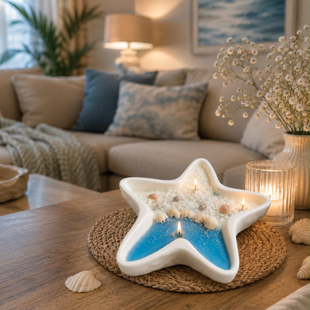 Ocean Star Soy Wax Candle displayed on coffee table in coastal living room