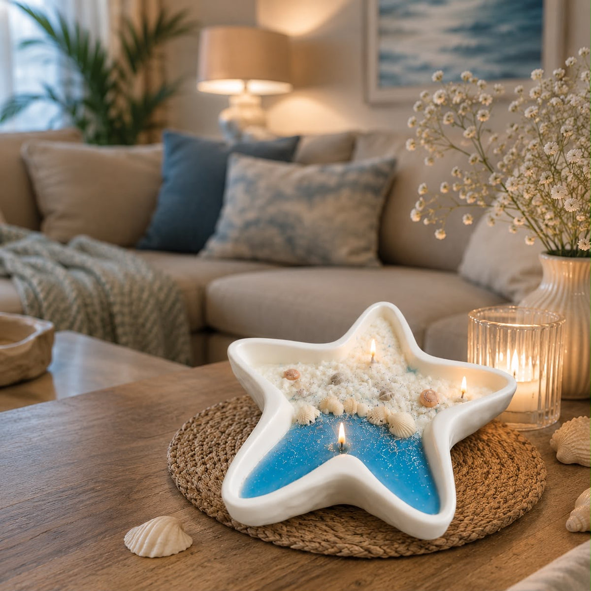 Ocean Star Soy Wax Candle displayed on coffee table in coastal living room