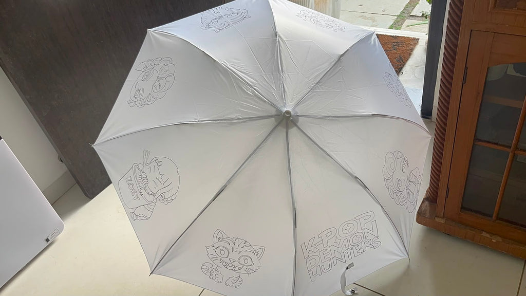 K-Pop Demon Hunters DIY Umbrella Activity Kit - uncoloured with chibi demon cat character outlines