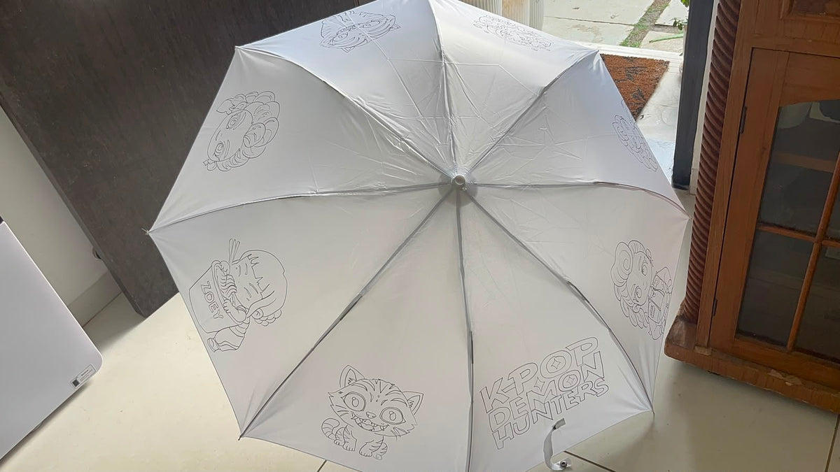 K-Pop Demon Hunters DIY Umbrella Activity Kit - uncoloured with chibi demon cat character outlines