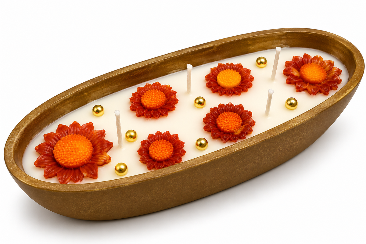 Orange floral candle on an entryway table